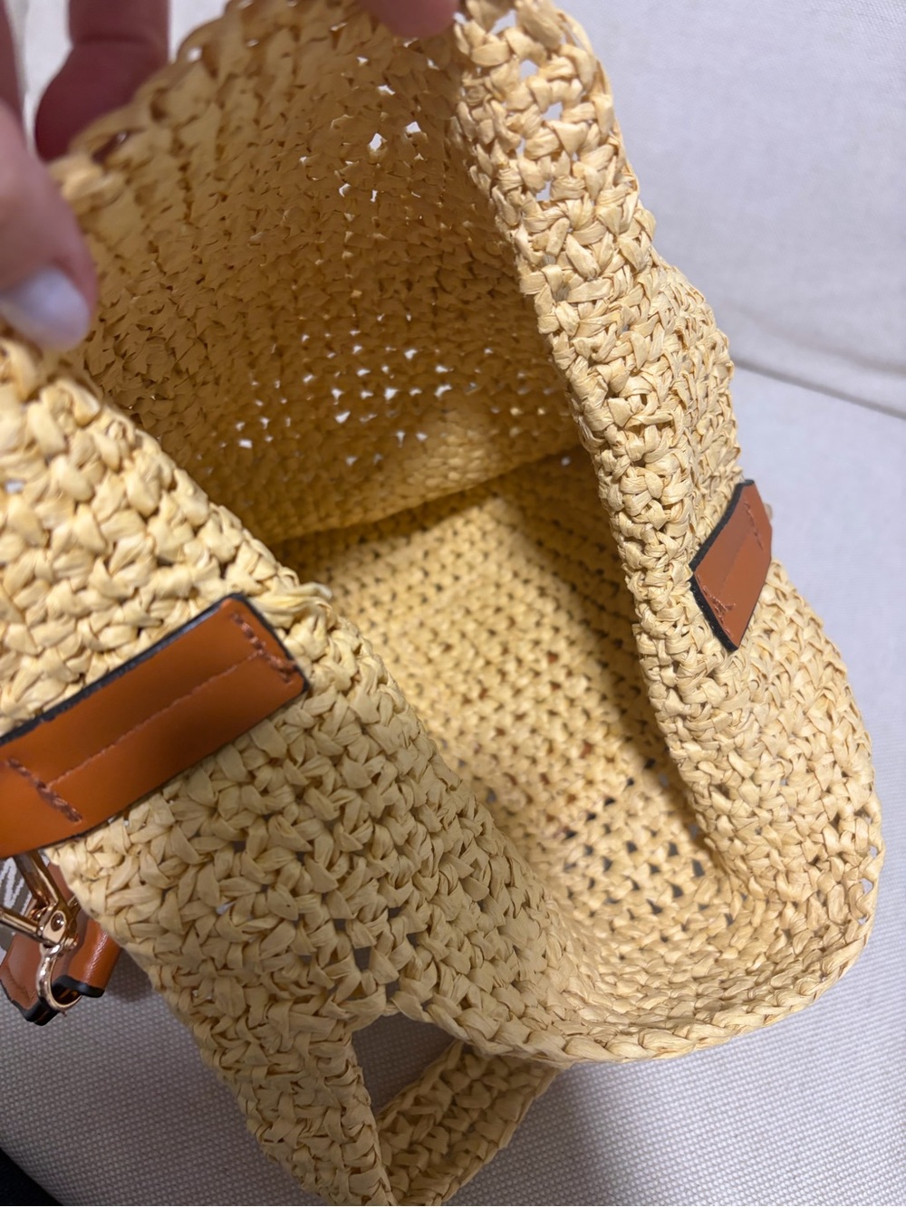 Woven Straw Tote Bag with Tan Faux Leather Accents